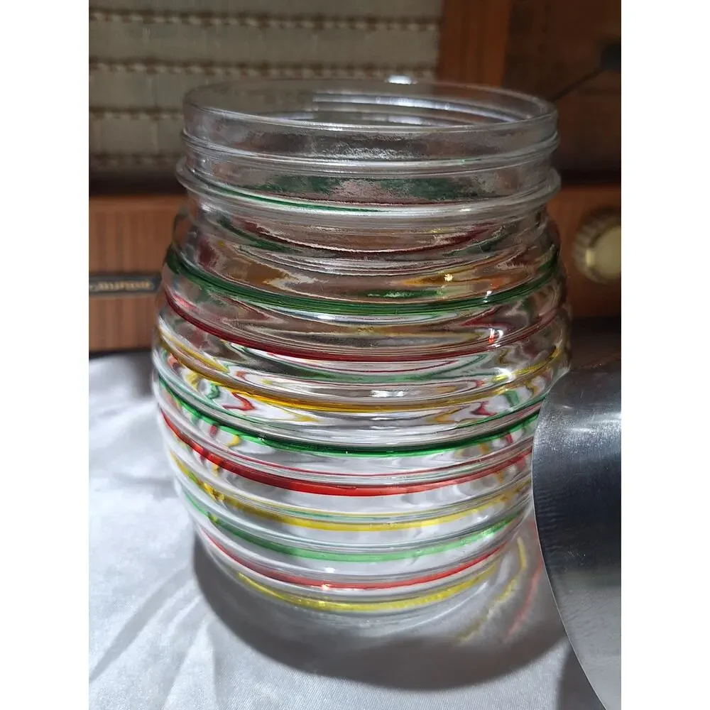 Vintage Ribbed Glass Canister Jar Multicolor Stripes Metal Screw Lid Kitchen